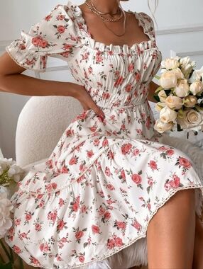 White Floral Cottagecore Puff-Sleeve Midi Dress with Pink Rose Print